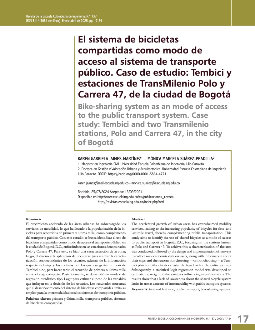 El sistema de bicicletas compartidas como modo de acceso al sistema de transporte público. Caso de estudio: Tembici y estaciones de TransMilenio Polo y Carrera 47, de la ciudad de Bogotá
