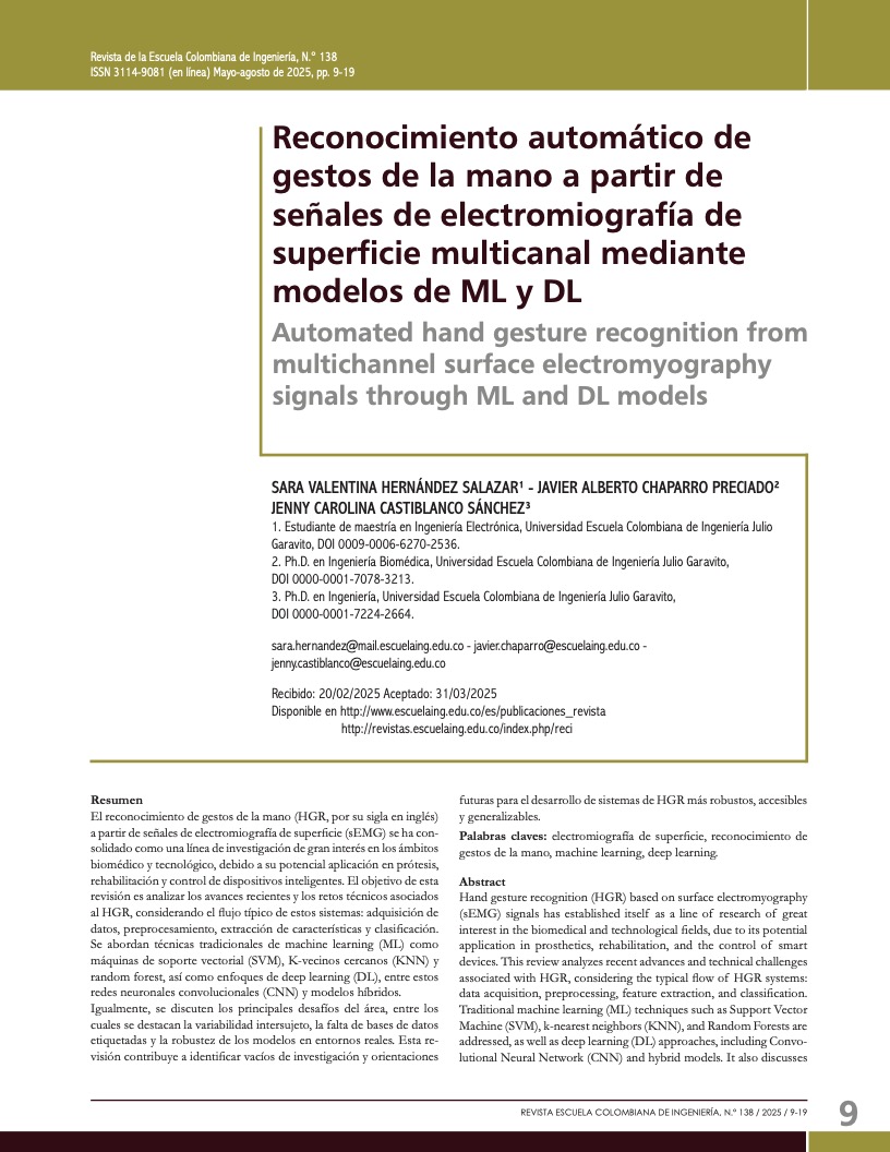 Reconocimiento automático de gestos de la mano a partir de señales de electromiografía de superficie multicanal mediante modelos de ML y D