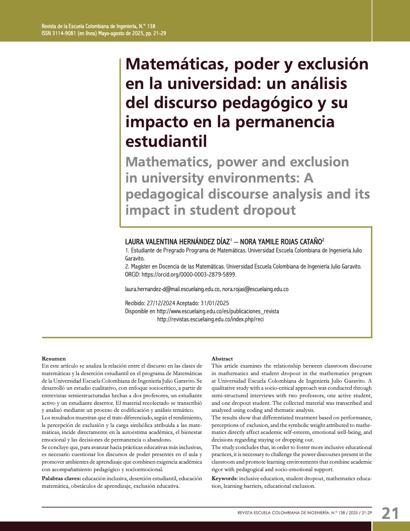 Matemáticas, poder y exclusión en la universidad: un análisis del discurso pedagógico y su impacto en la permanencia estudiantil