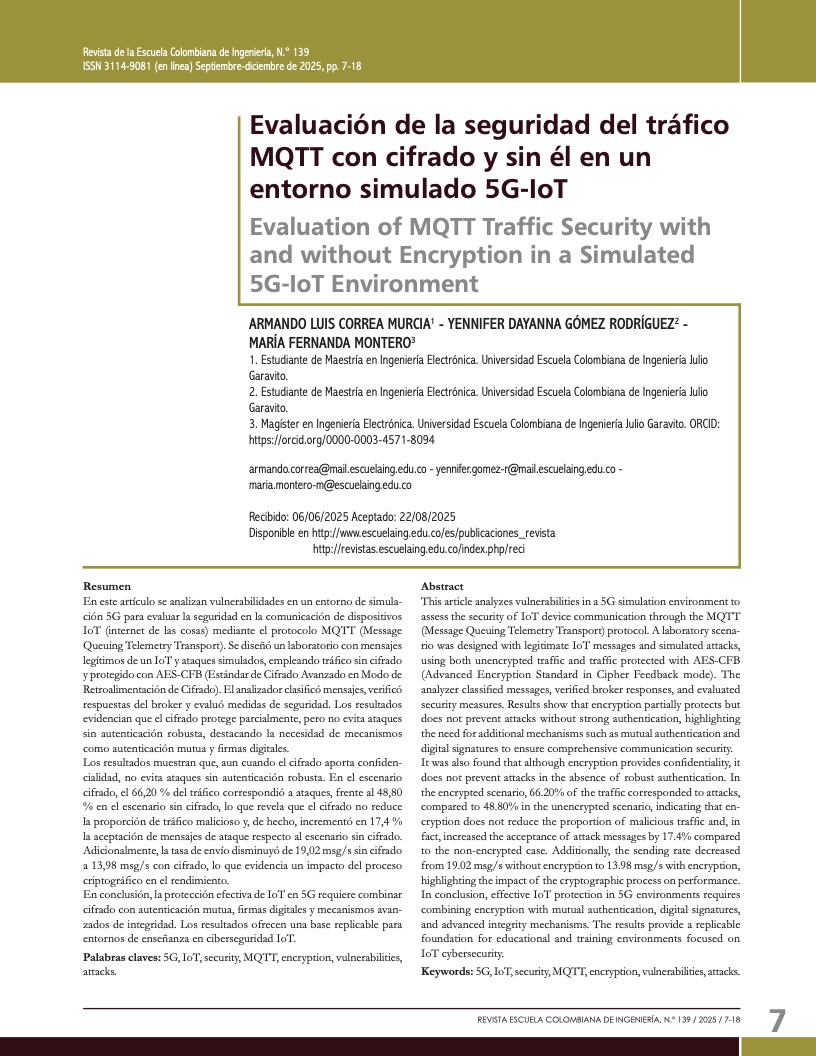 Evaluación de la seguridad del tráfico MQTT con cifrado y sin él en un entorno simulado 5G-IoT