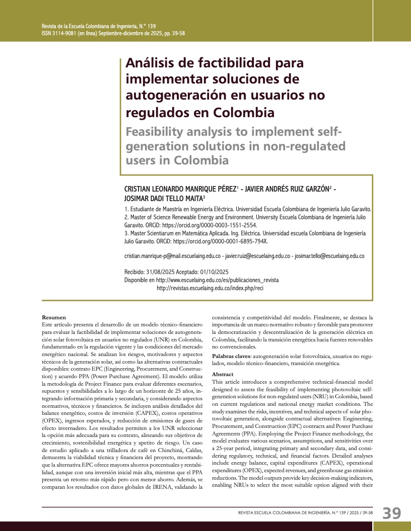 Análisis de factibilidad para implementar soluciones de autogeneración en usuarios no regulados en Colombia