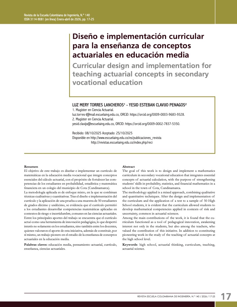 Diseño e implementación curricular para la enseñanza de conceptos actuariales en educación media