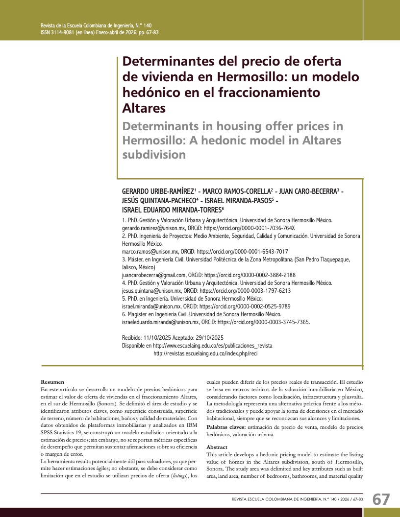 Determinantes del precio de oferta de vivienda en Hermosillo: un modelo hedónico en el fraccionamiento Altares