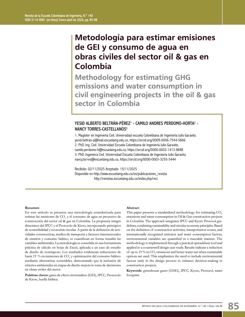 Metodología para estimar emisiones de GEI y consumo de agua en obras civiles del sector oil & gas en Colombia