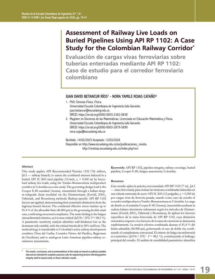 Assessment of Railway Live Loads on Buried Pipelines Using API RP 1102: A Case Study for the Colombian Railway Corridor