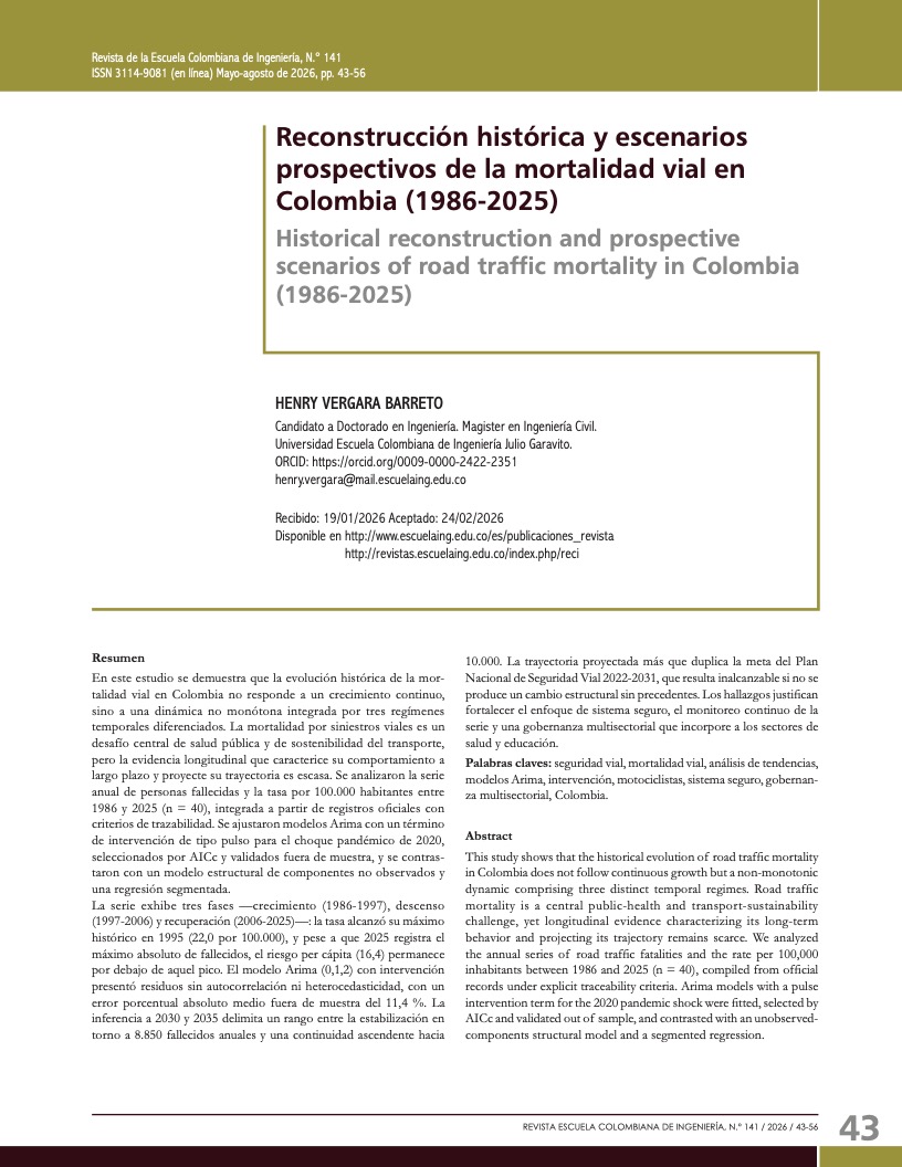 Reconstrucción histórica y escenarios prospectivos de la mortalidad vial en Colombia (1986-2025)